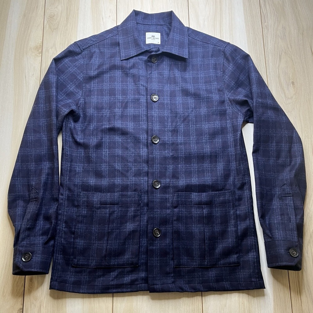 John Henric Sweden 100% Flannel Wool Over Shirt Plaid Button Up Pockets Mens XS